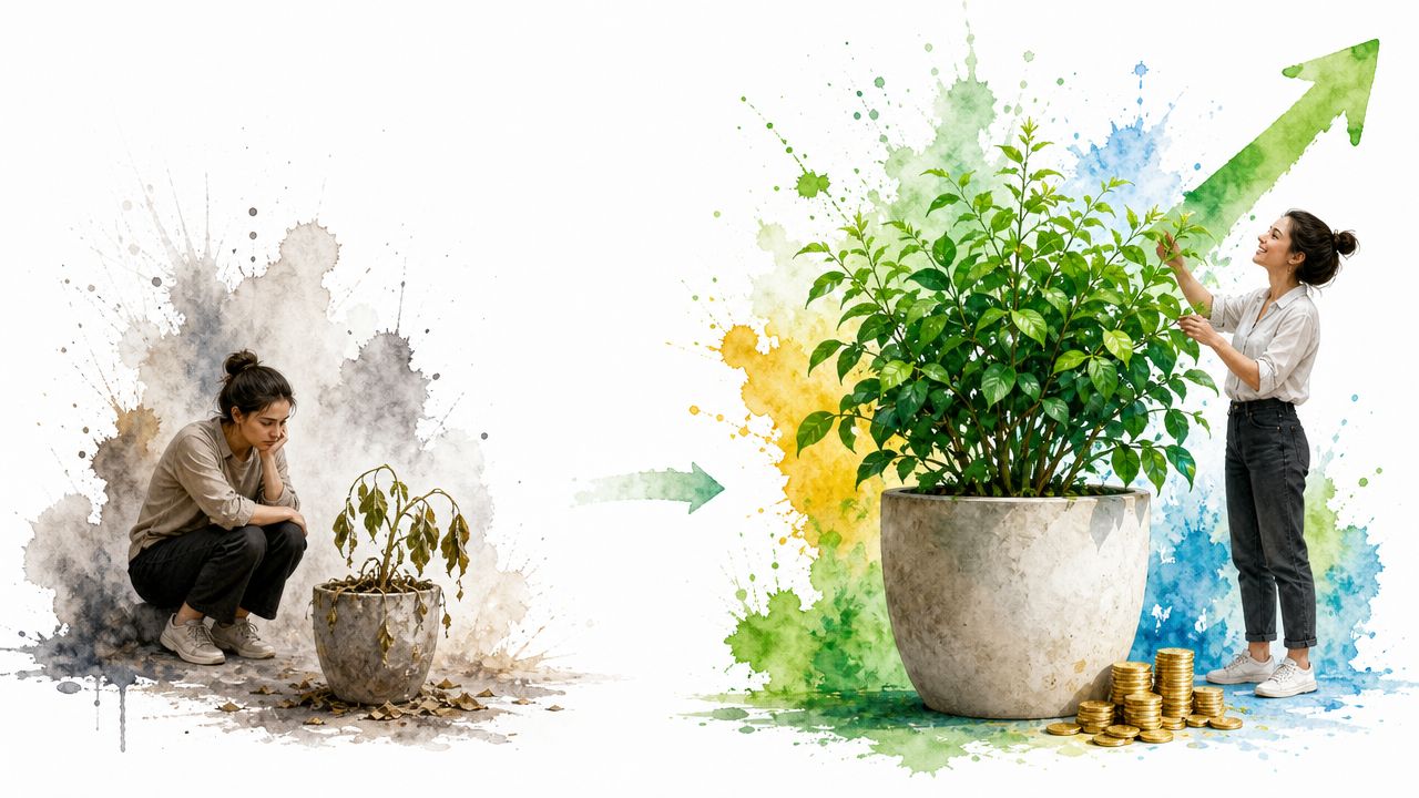 A conceptual illustration comparing a woman observing a withered plant with another woman nurturing a thriving plant.