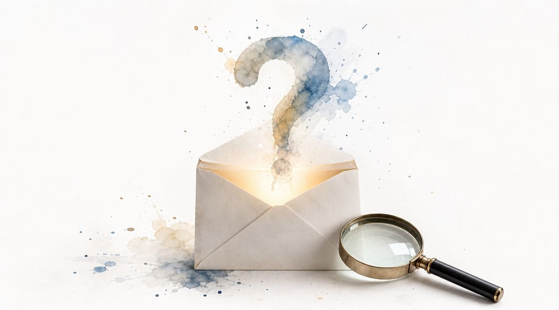 A glowing question mark emerging from an open envelope with a magnifying glass lying nearby.