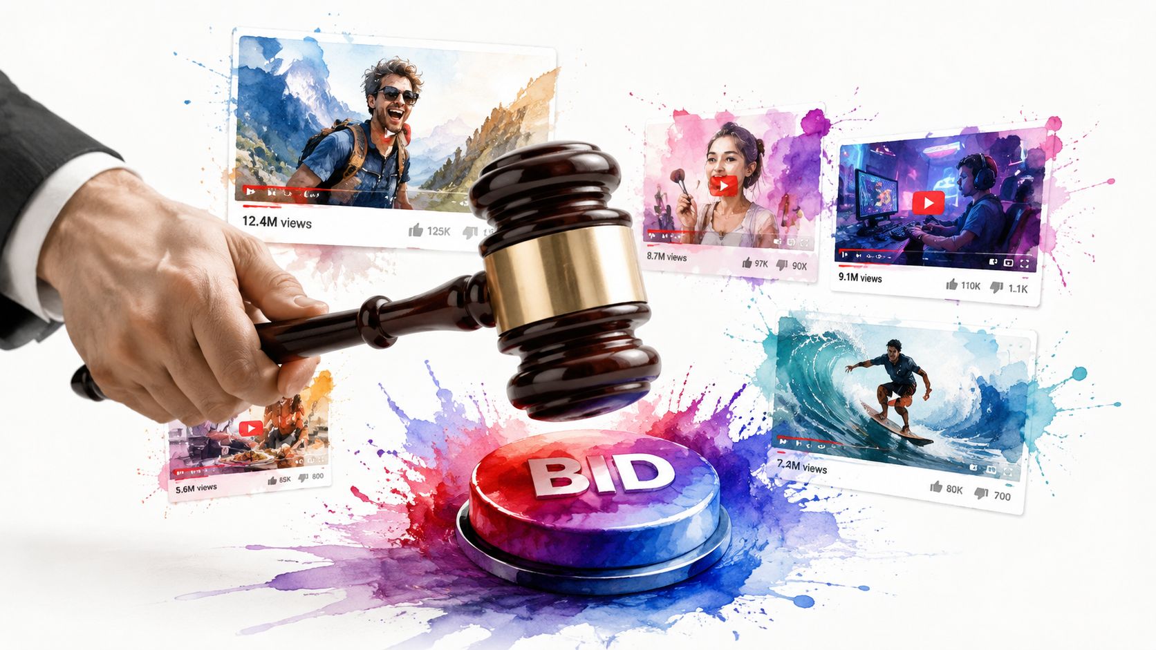 A gavel held over a button labeled Bid with floating YouTube video thumbnails and engagement statistics.