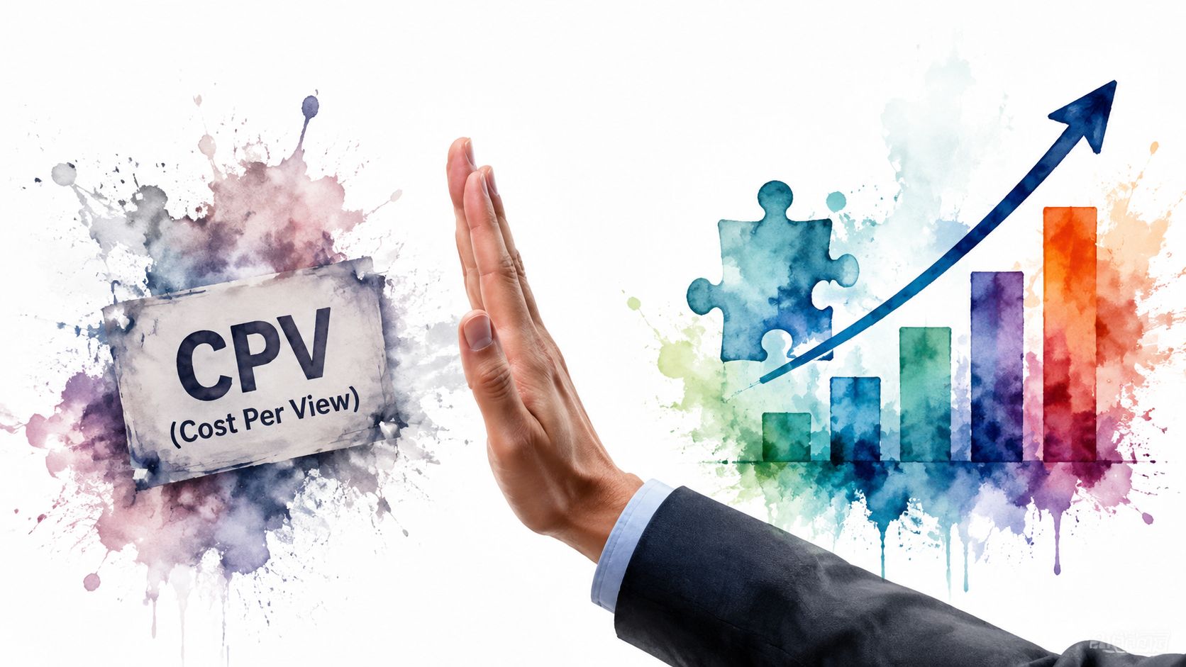 A hand gesture blocking the term CPV (Cost Per View) to symbolize moving towards better advertising strategies.