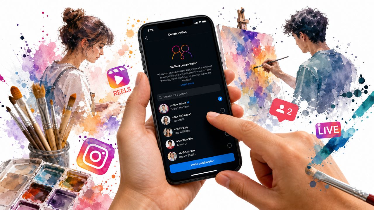 A person holding a smartphone to invite a collaborator on Instagram, surrounded by artistic painting tools.