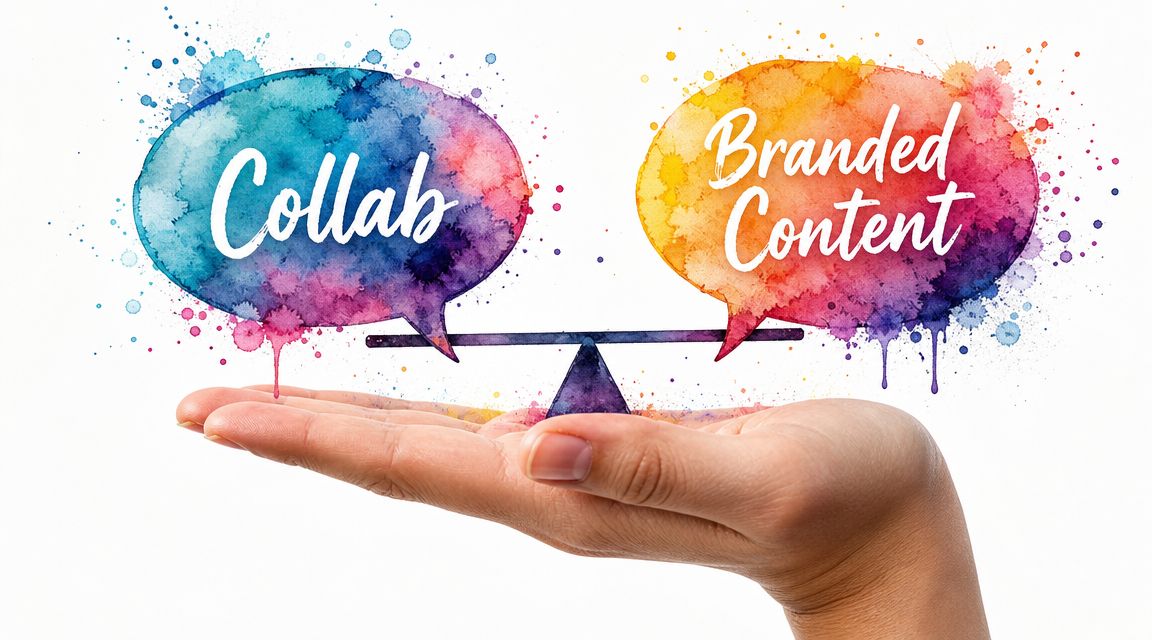 A human hand holding a balanced scale with speech bubbles labeled Collab and Branded Content above.