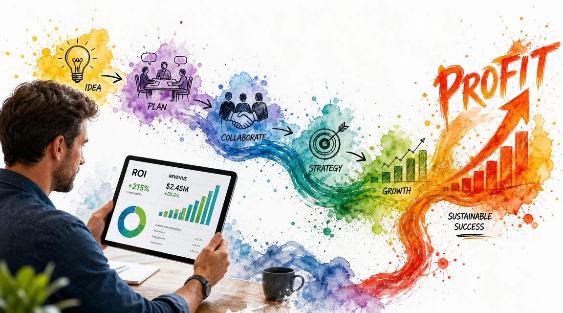 A man looks at a tablet displaying business growth metrics, illustrating a path from idea to profit.