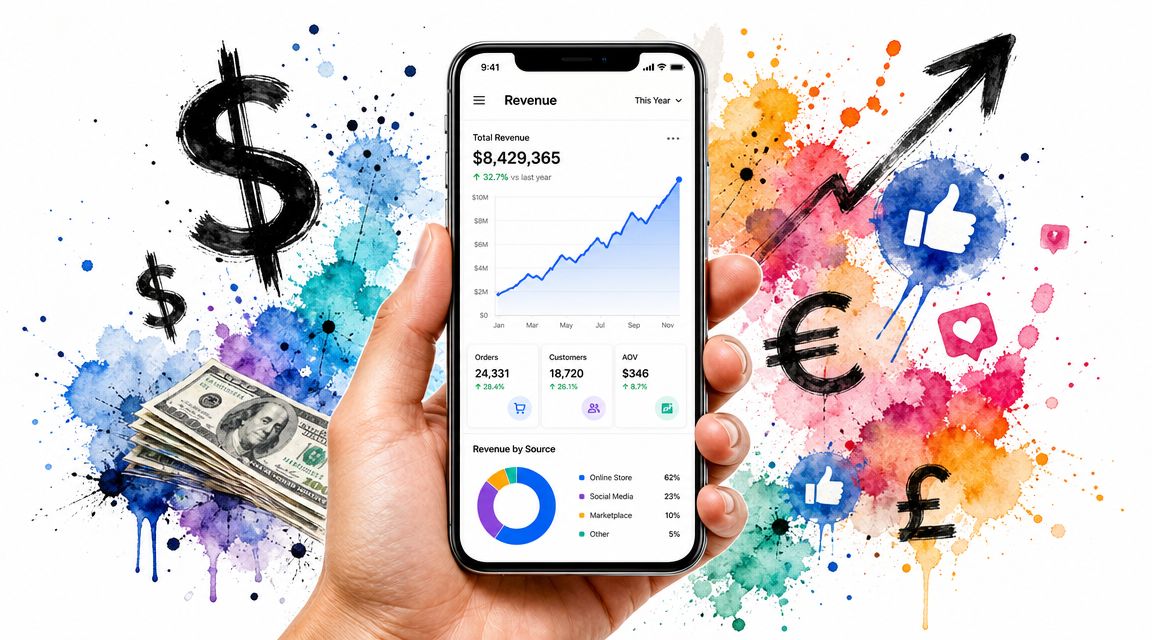 A hand holding a smartphone displaying business revenue analytics, financial growth charts, and social media icons.