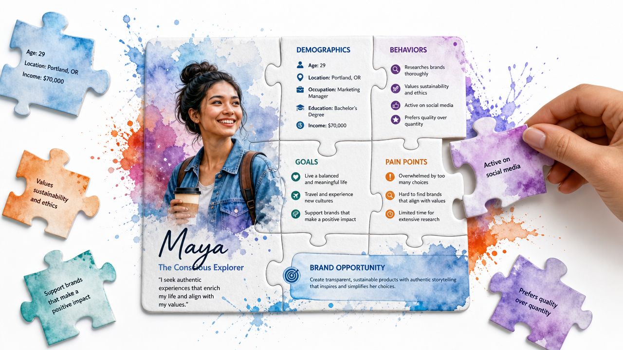 A creative infographic illustrating a buyer persona profile for Maya, the conscious explorer, displayed as puzzle pieces.