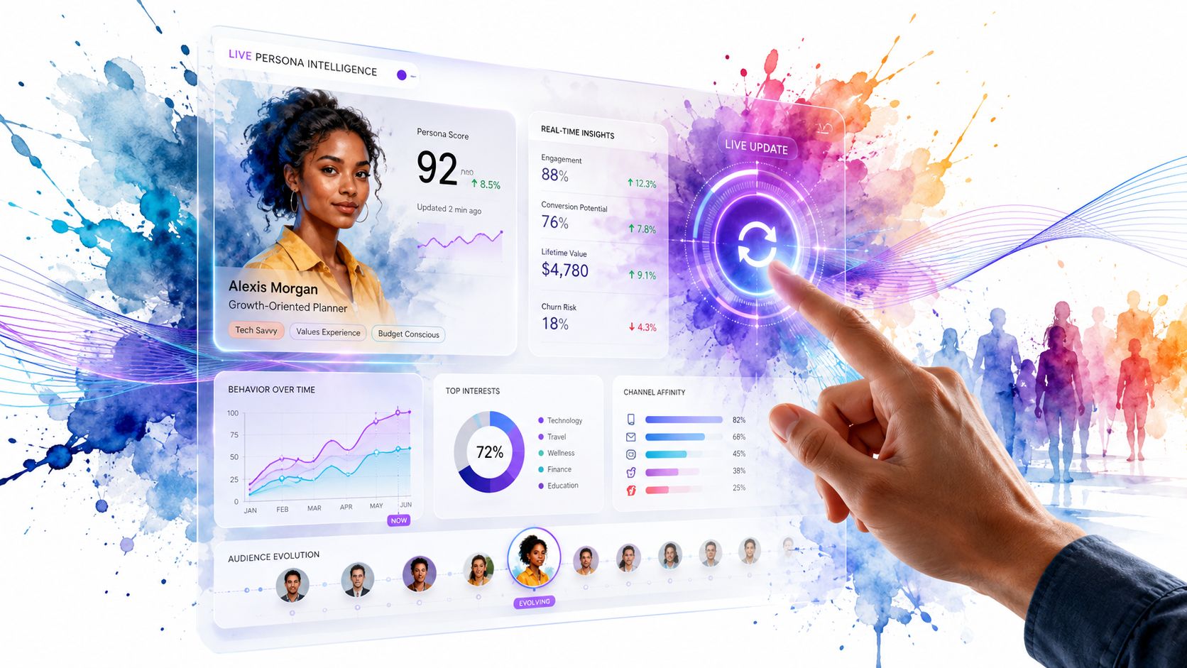 A digital interface showing a buyer persona dashboard with data analytics, user metrics, and an interactive touch screen.