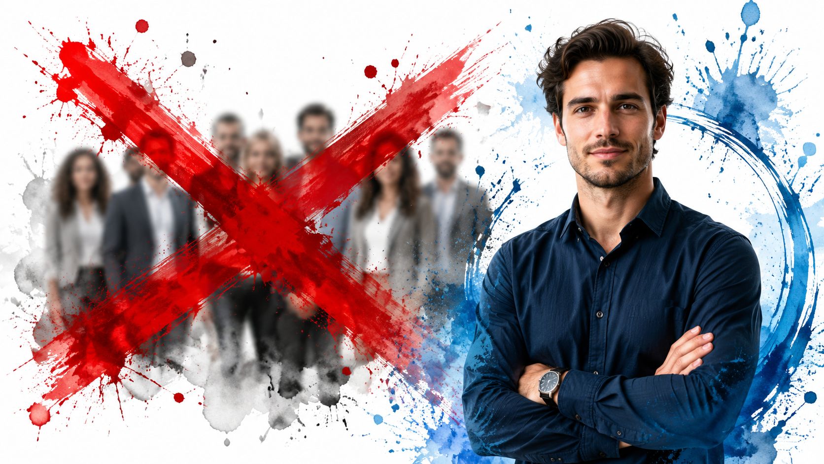 A professional man standing in front of a blurred group of people marked with a large red X.