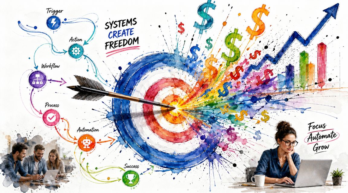 A watercolor-style illustration showing an arrow hitting a target with icons representing systems for business automation.