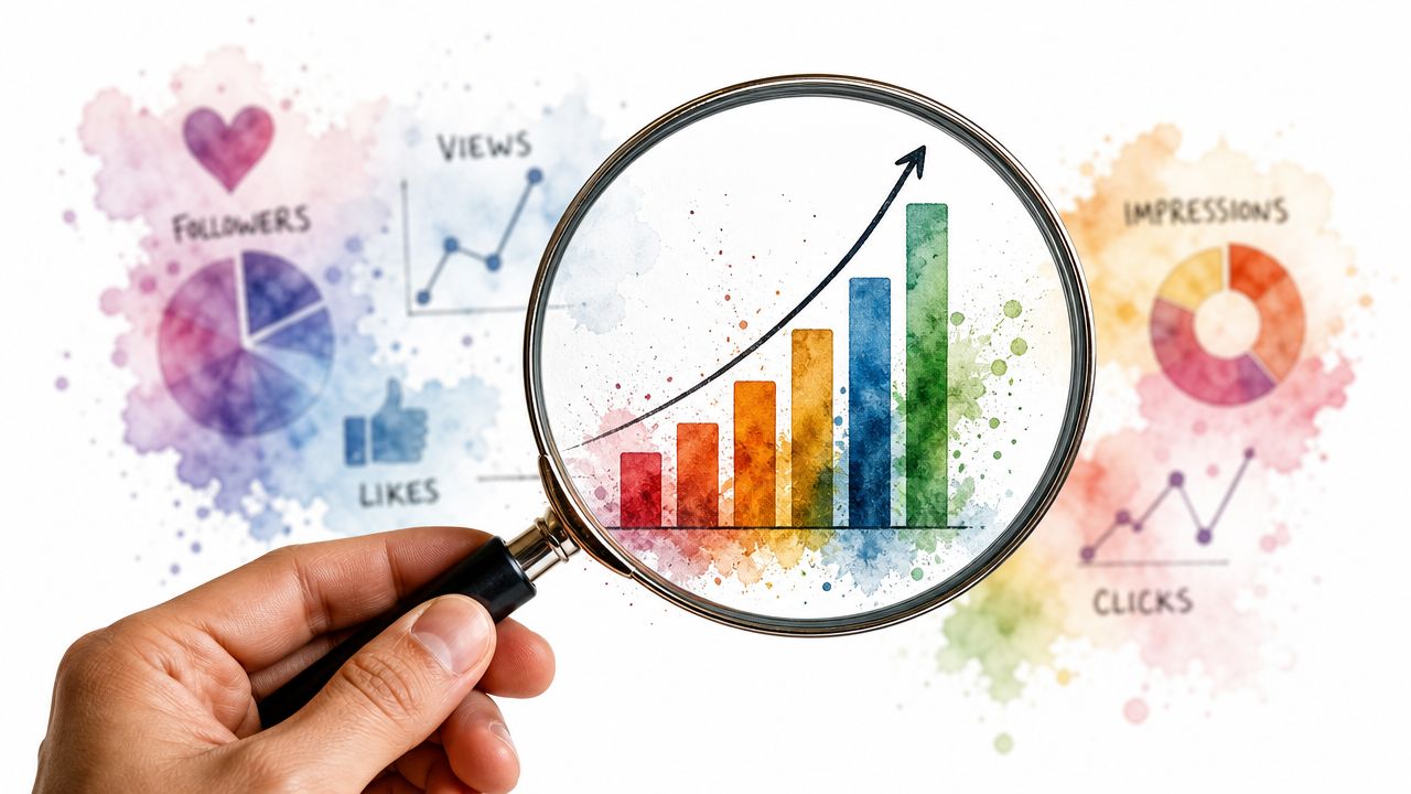 A human hand holding a magnifying glass over a colorful bar graph representing digital growth.