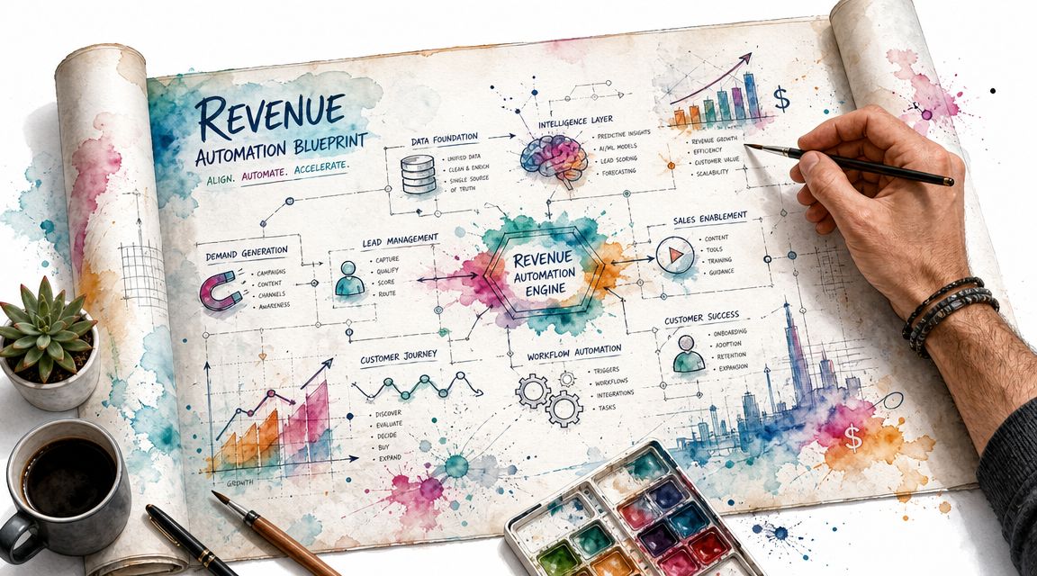 A hand drawing a Revenue Automation Blueprint flowchart on a piece of paper with watercolors.