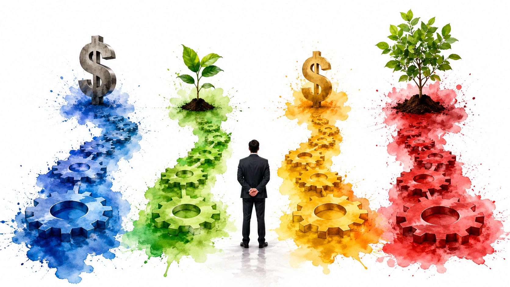 A businessman standing before four paths representing business growth through mechanisms, finance, and plant development.