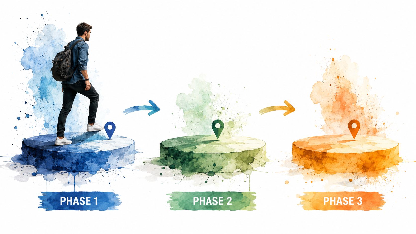 A person with a backpack walking across three colorful stages representing phases of a business growth process.