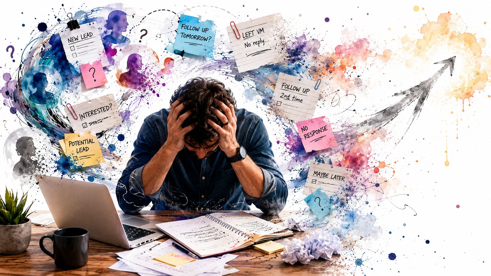 A stressed businessman sits at a desk overwhelmed by numerous follow up tasks and lead management.