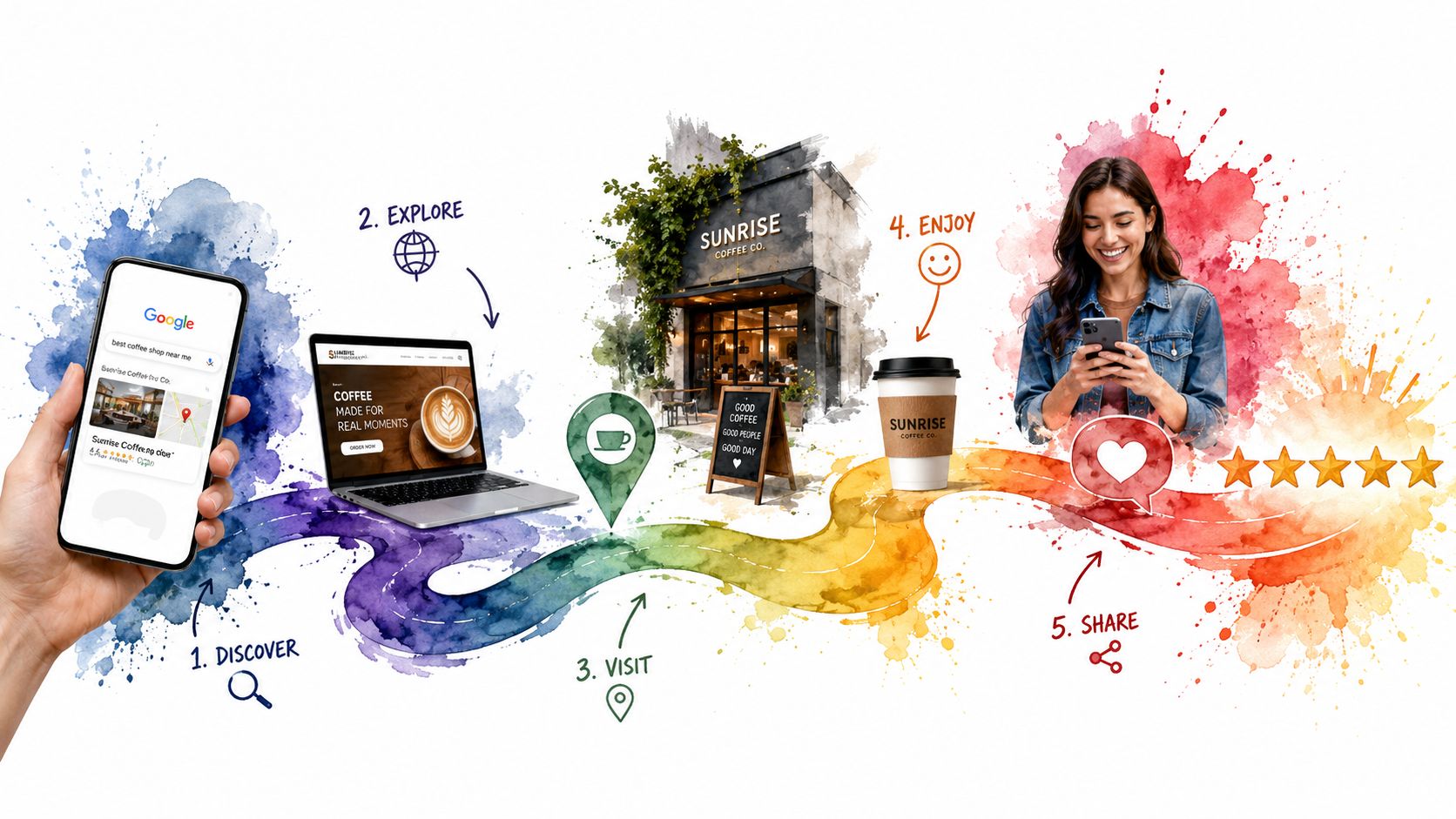 A visual representation of the customer journey for a coffee shop featuring digital discovery, visiting, and sharing.