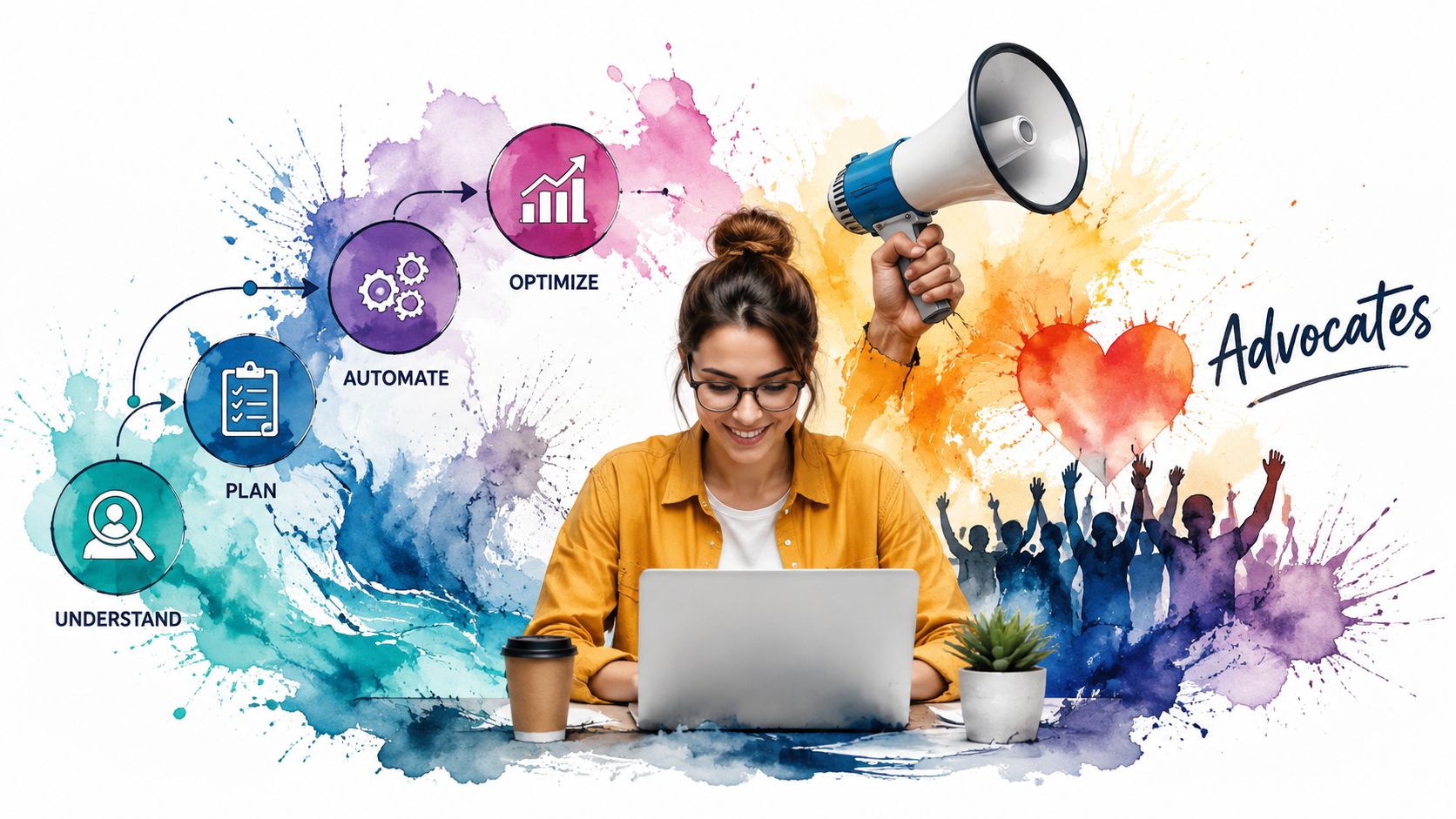 A woman working on a laptop with a marketing automation workflow visual process and enthusiastic brand advocates.