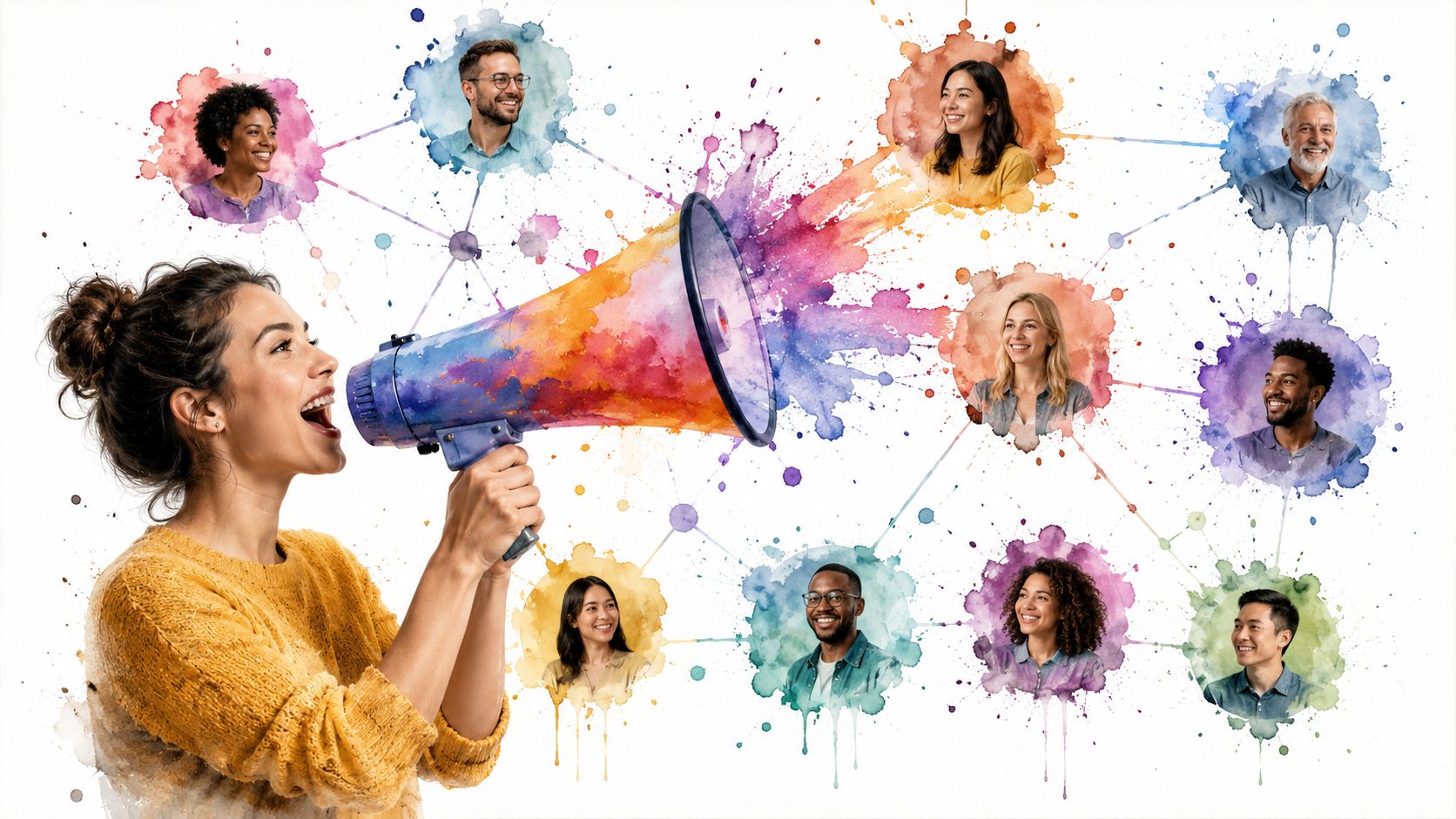 A woman speaking into a colorful megaphone with watercolor portraits of diverse people connected in a network.