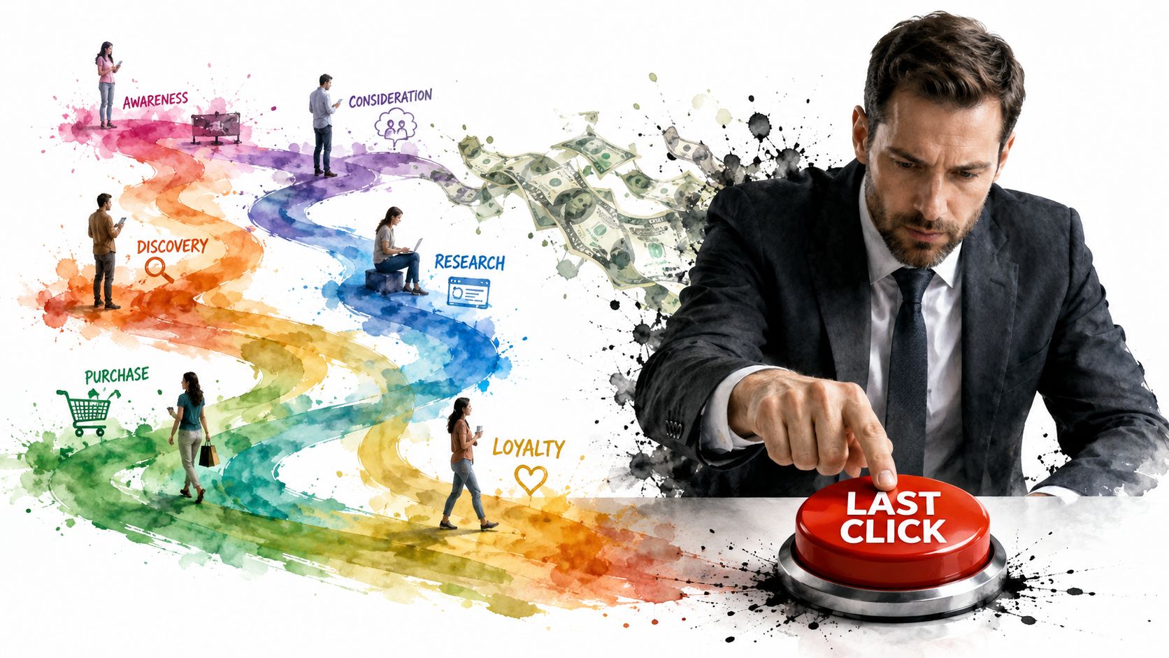 A businessman pressing a large red button labeled Last Click amidst a colorful marketing customer journey path.