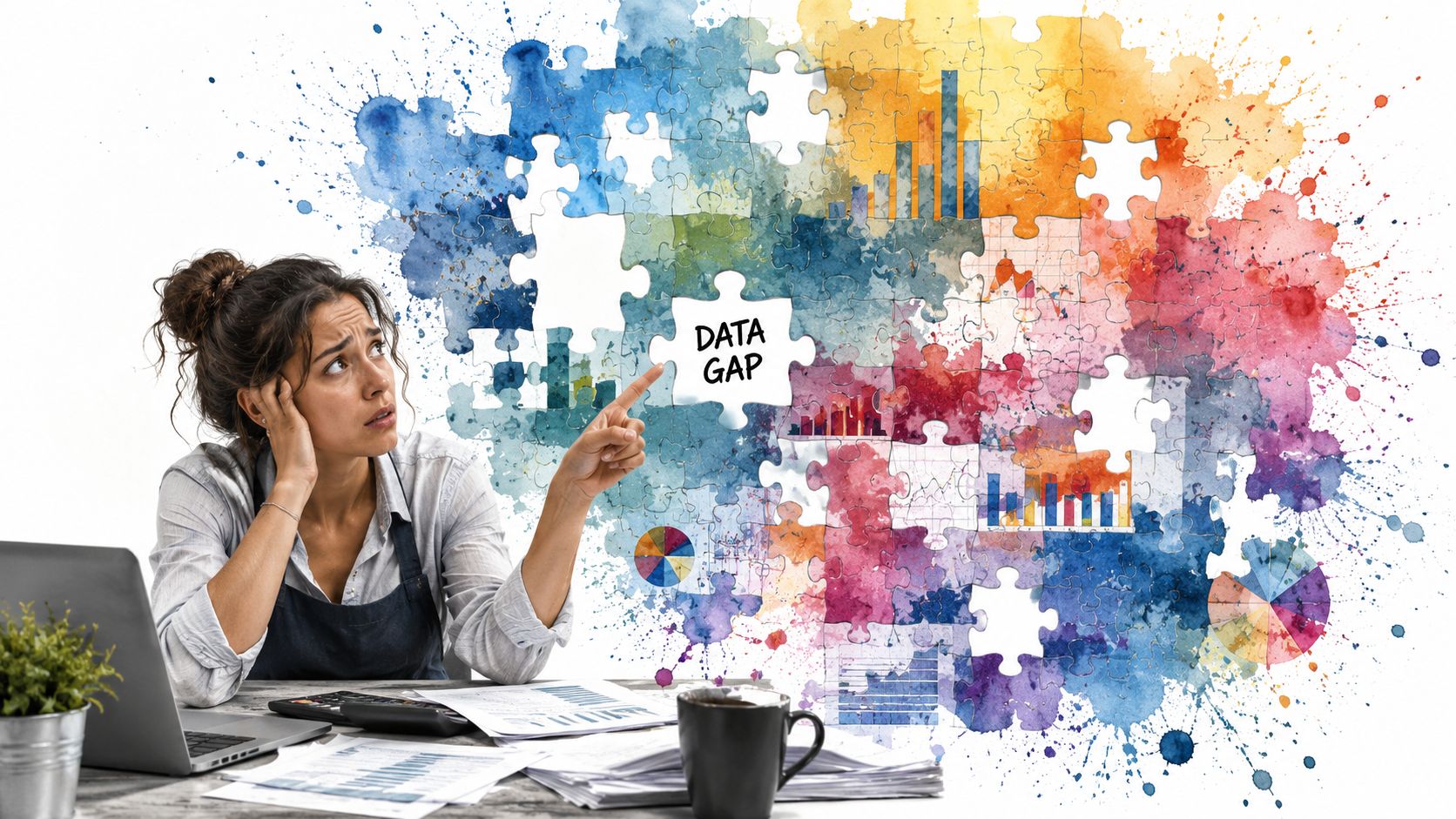 A concerned woman pointing at a puzzle piece labeled DATA GAP in a large, colorful, abstract data visualization.