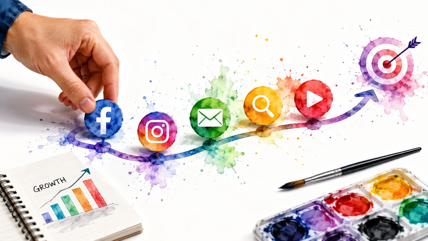 A hand placing a social media icon on a watercolor path leading to a marketing target.