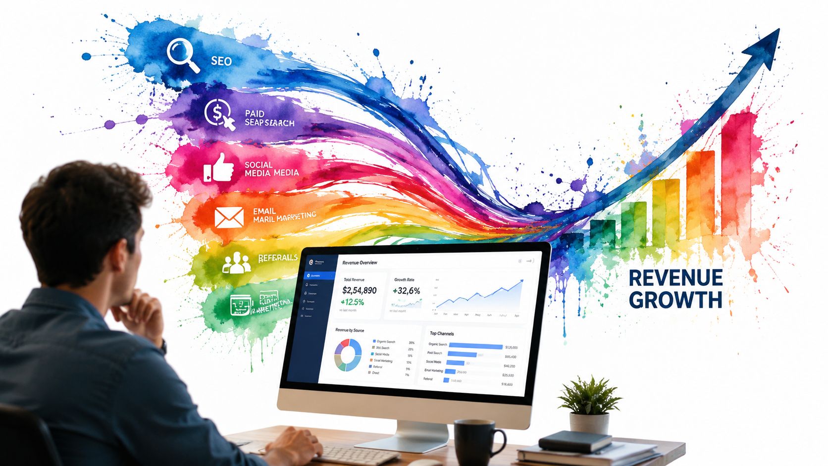 A professional analyzing an omni-channel marketing dashboard showing revenue growth metrics and diverse digital traffic sources.