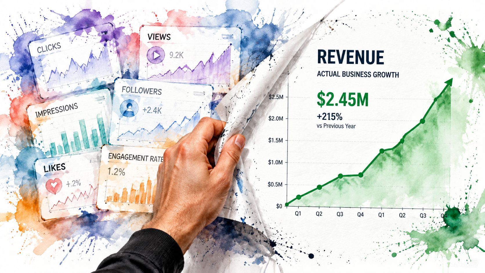 A hand peeling back a layer revealing business revenue growth charts over social media performance metrics.