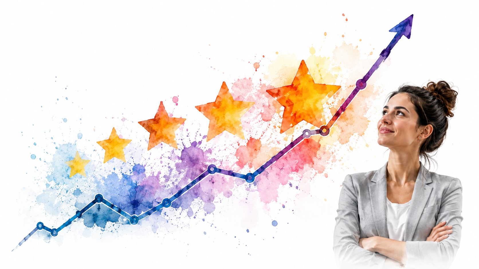 A professional woman looking up at a rising trend line graph with five watercolor star ratings.