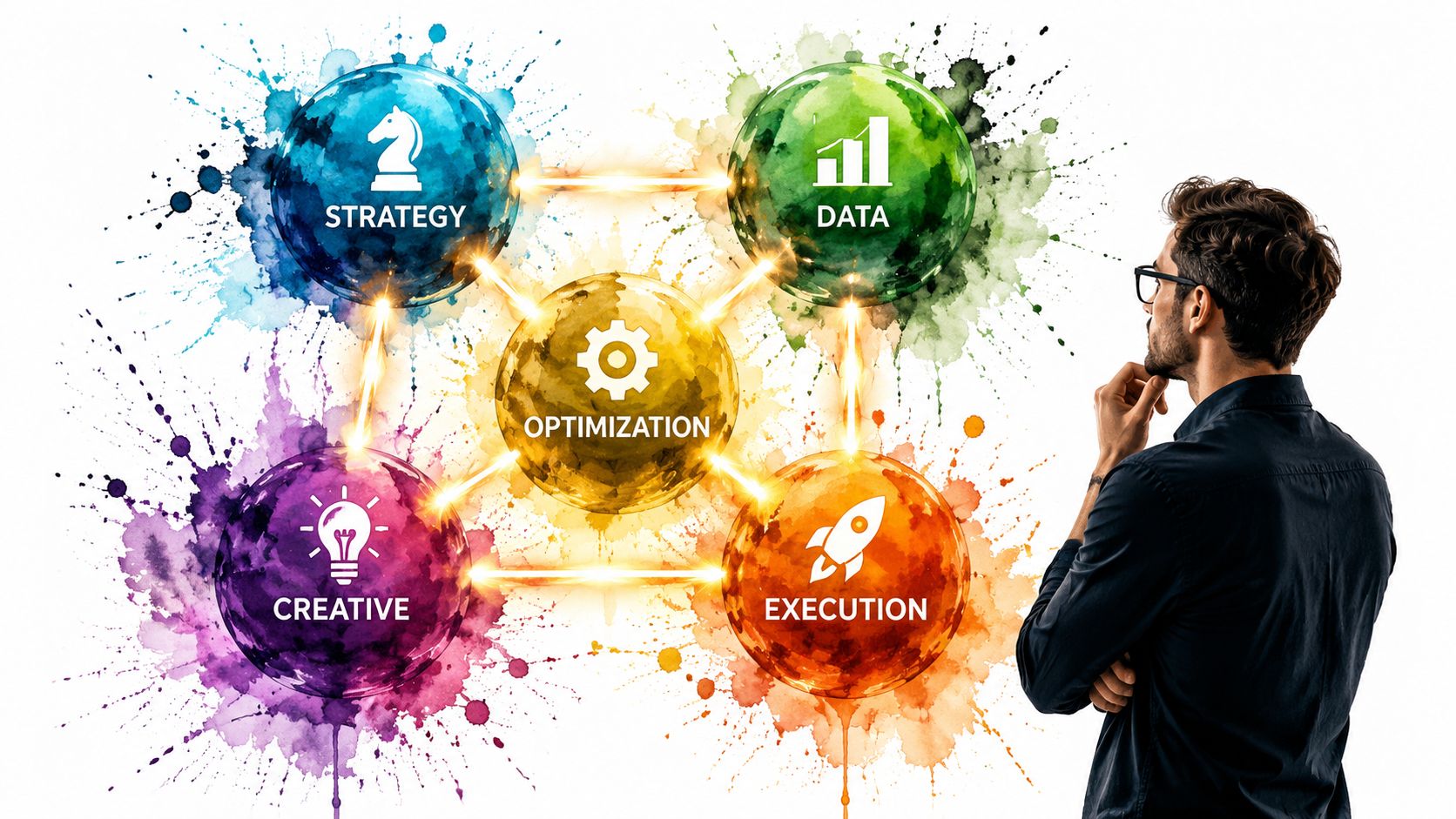 A man looks at a diagram representing business performance marketing solutions with strategy, data, optimization, creative, and execution.