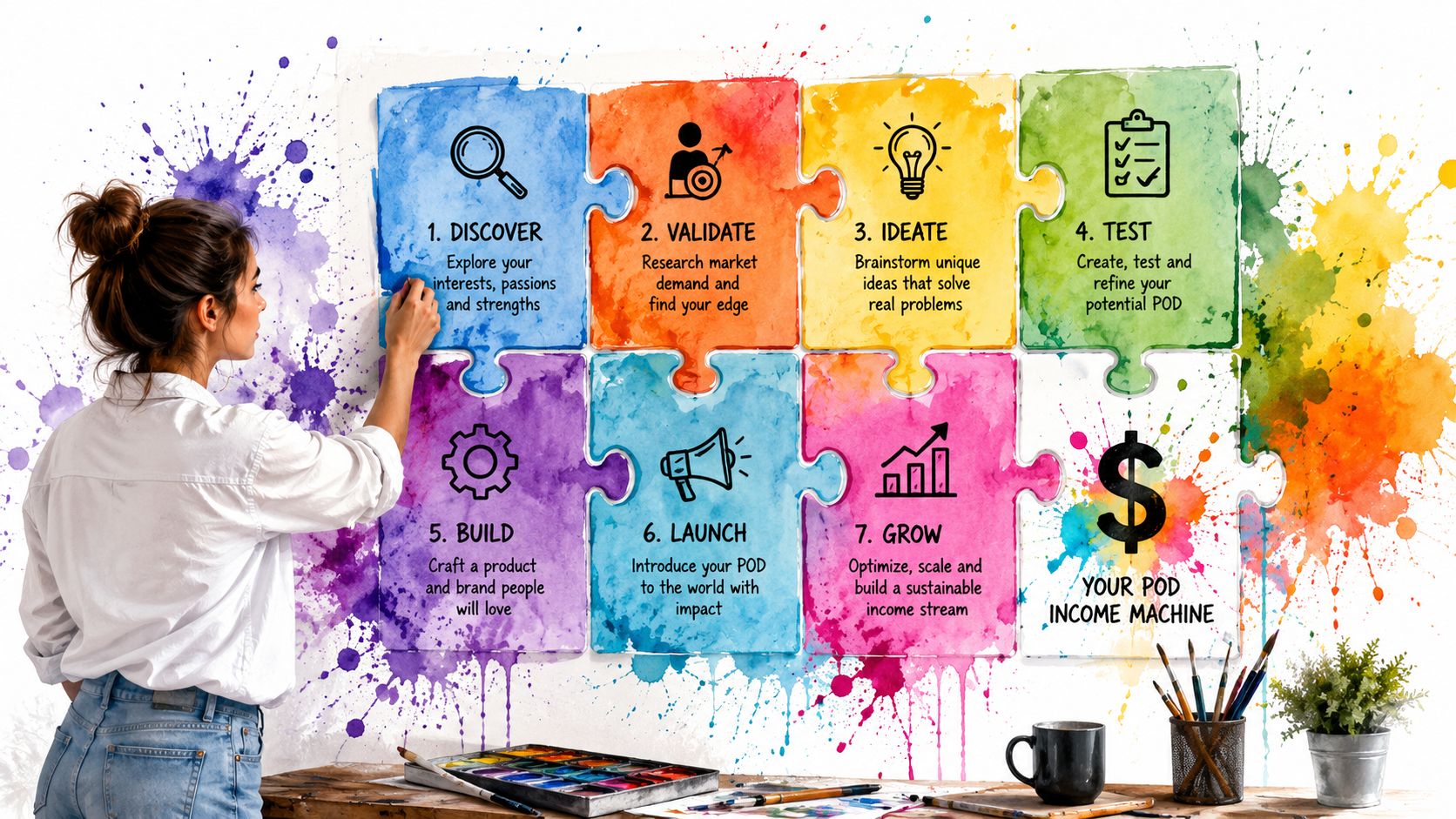 A woman sketching a seven-step business strategy puzzle titled Your POD Income Machine on a wall.