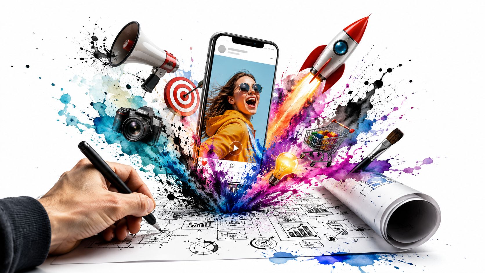 A digital artist's hand sketching marketing ideas around a smartphone displaying a social media post with creative elements.
