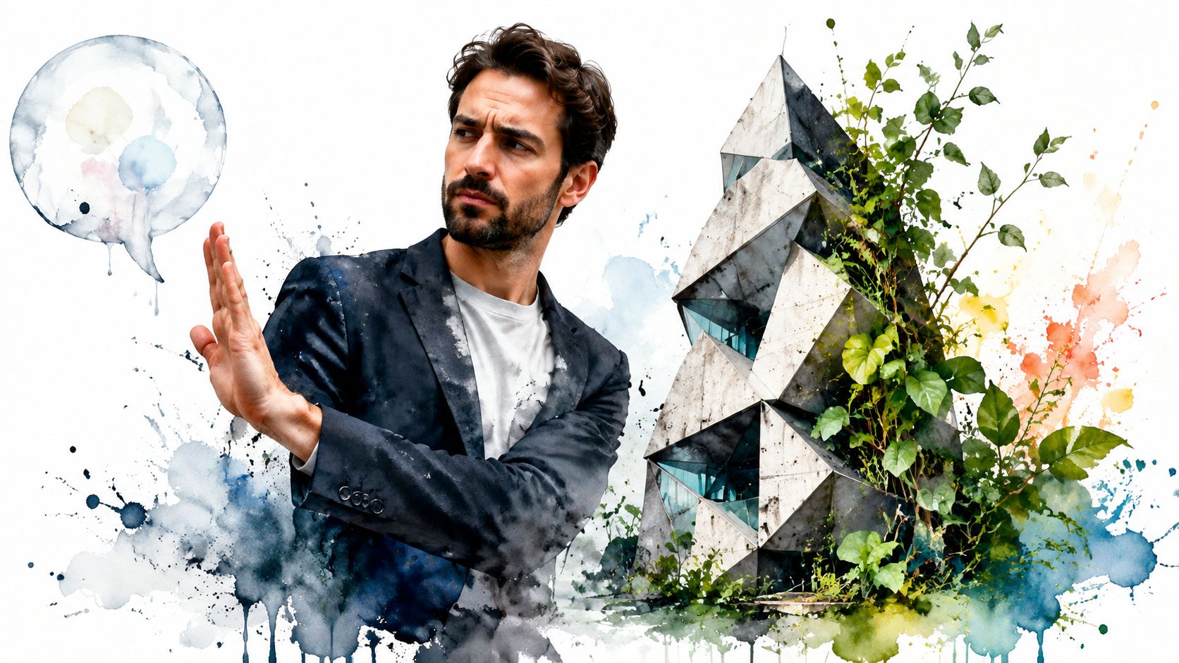 A man in a blazer gesturing stop next to a modern geometric building overgrown with green plants.