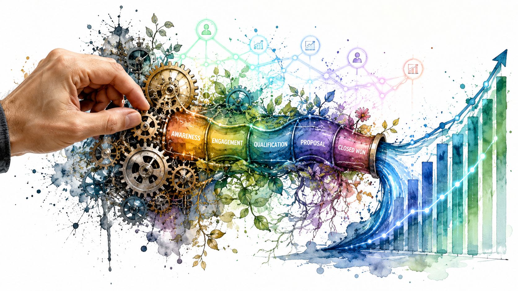 A hand turning gears that feed into a colorful sales pipeline flowing into a rising growth chart.