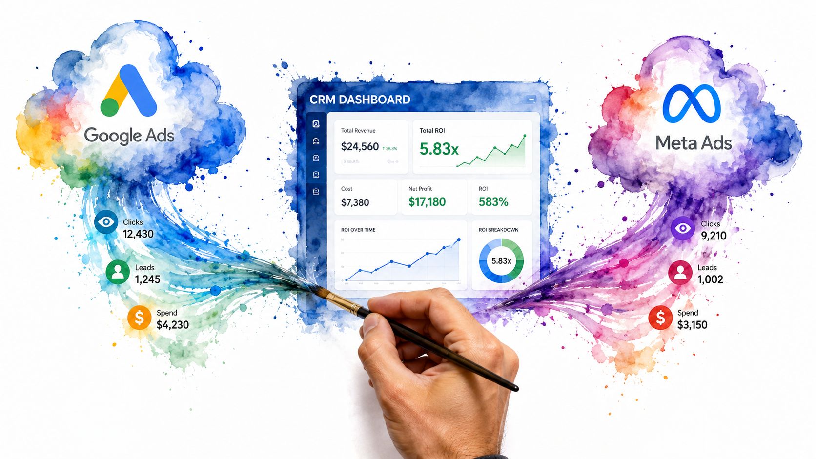 A hand painting a digital CRM dashboard connected to Google Ads and Meta Ads data streams.