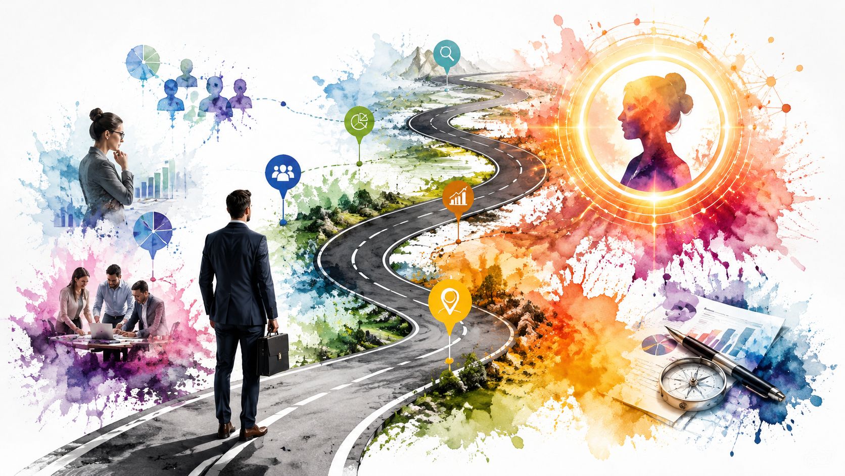 A professional man stands at the beginning of a winding road toward a glowing, visionary customer profile.