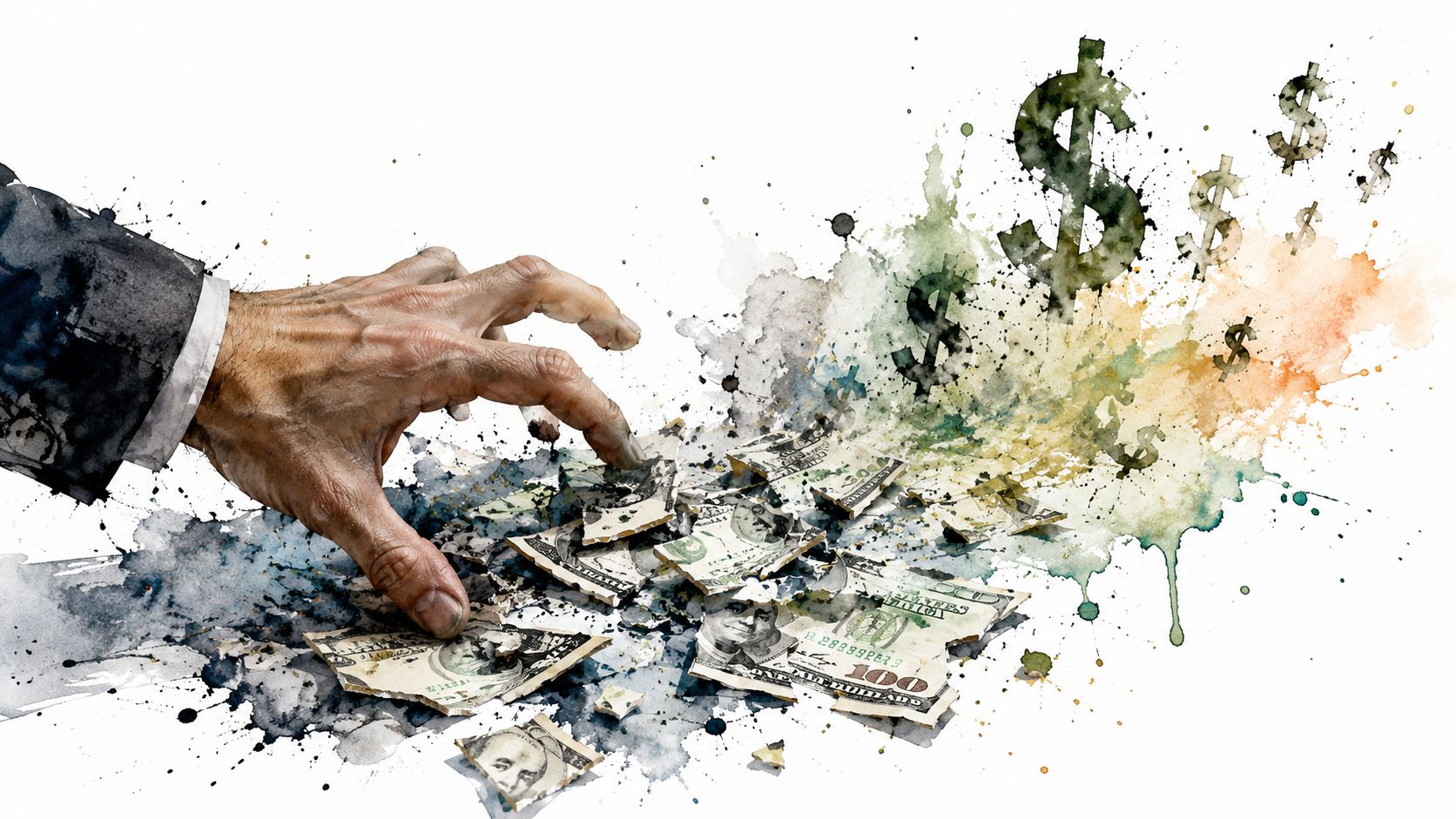 A hand in a dark suit reaching towards shredded currency pieces and watercolor dollar signs.