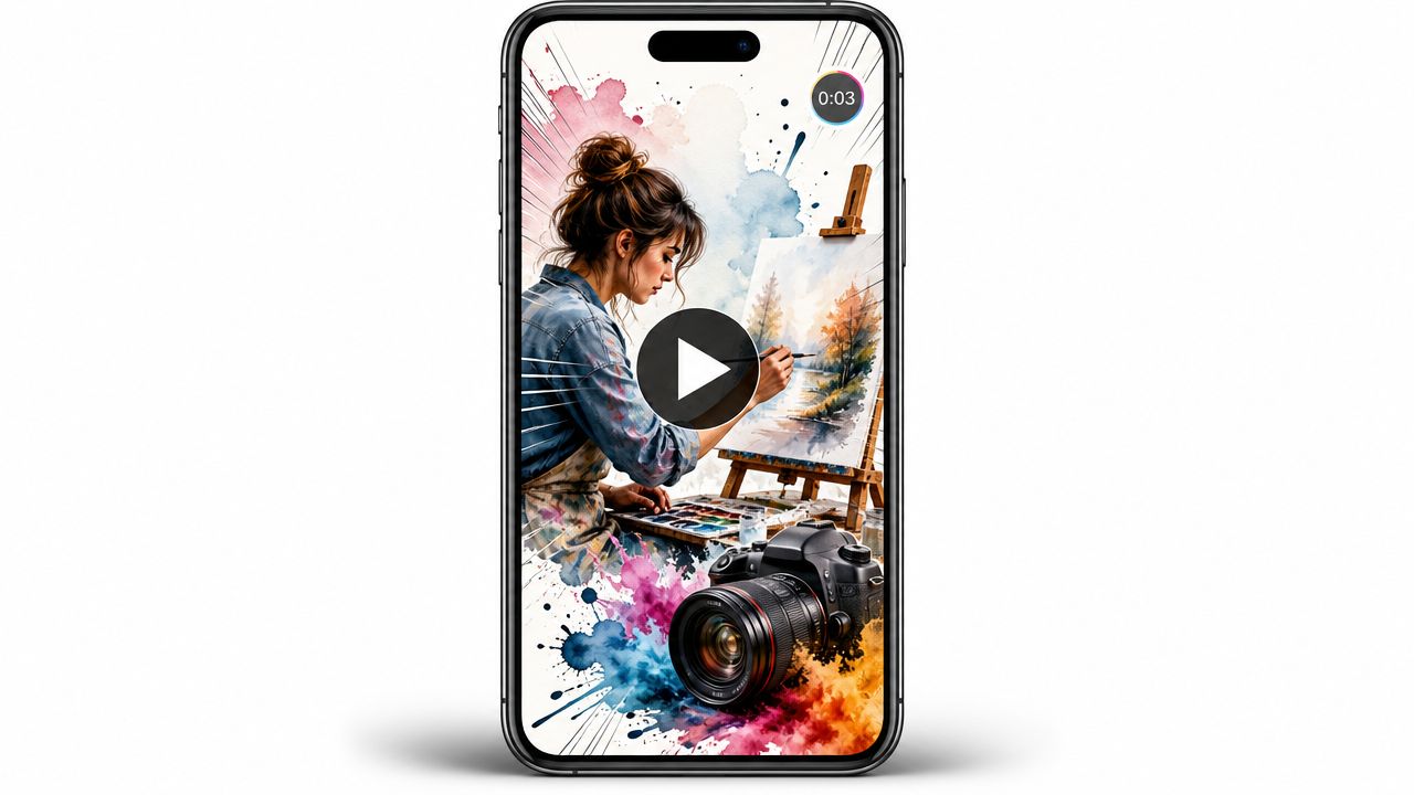 A smartphone screen displaying a digital artist painting on a canvas with a camera in the foreground.