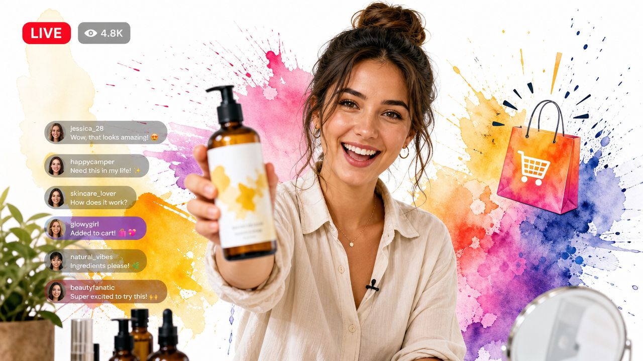 A smiling woman holding up a skincare product bottle during a live shopping broadcast on social media.