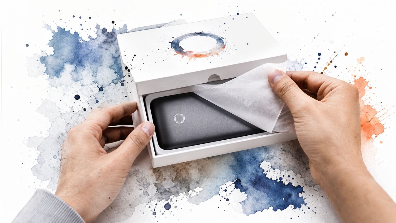 A pair of hands carefully opening a white box containing a sleek black power bank device.