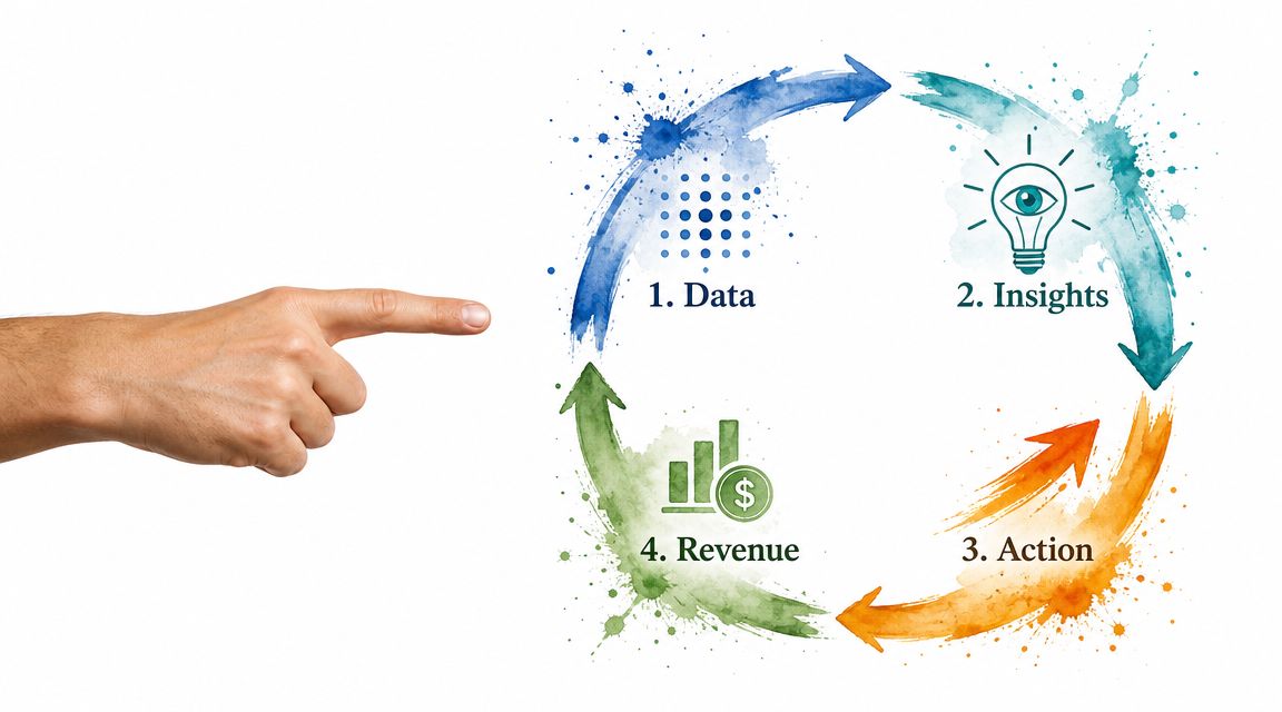 A hand pointing to a four-step business process cycle showing data, insights, action, and revenue.