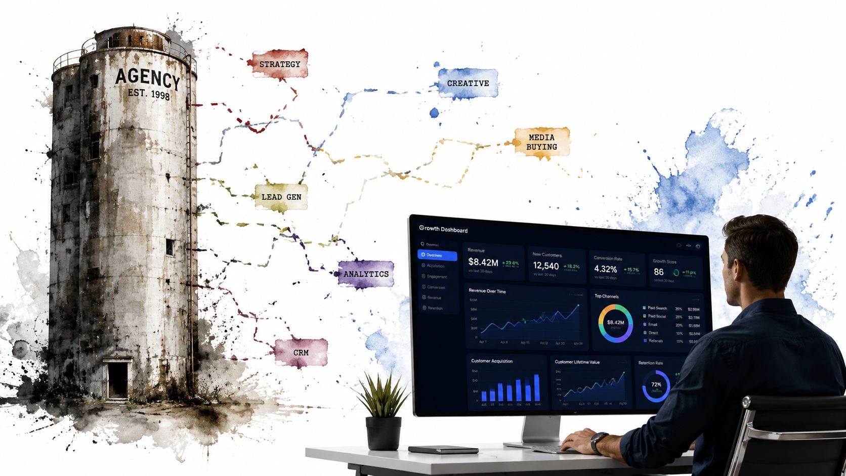 A professional analyzing a growth dashboard with data visualizations connecting to an industrial agency silo structure.