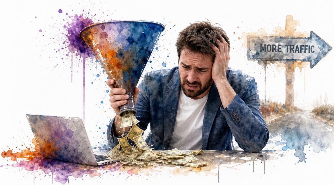 A stressed businessman pouring money through a marketing funnel onto a laptop with a traffic sign nearby.