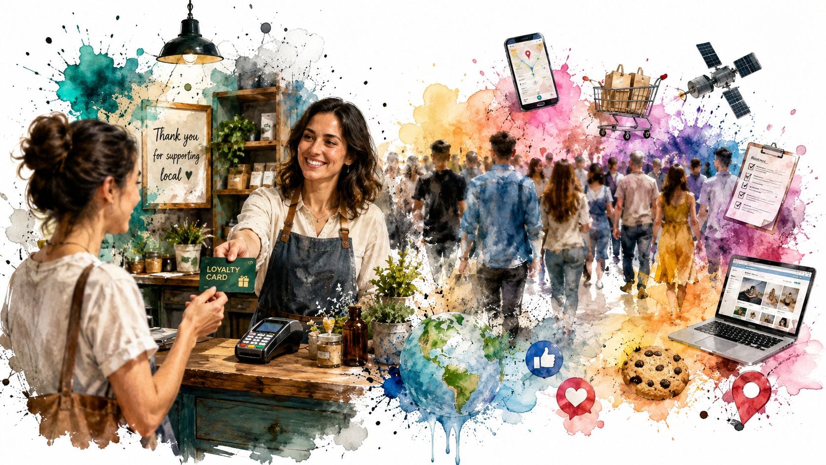 A friendly shopkeeper interacting with a customer at a counter, surrounded by digital marketing and data icons.