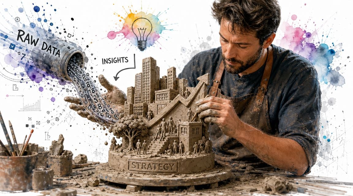 A sculptor crafting a detailed clay city model, symbolizing data transformation into actionable business strategy and insights.