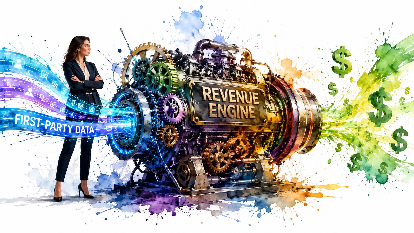A professional woman standing next to a machine labeled Revenue Engine, transforming data into dollar symbols.