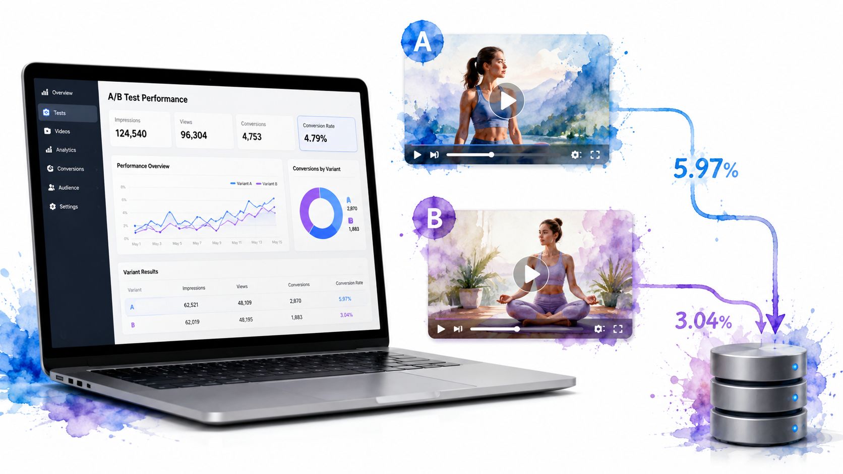 A laptop screen showing A/B test performance data for two different video advertisements side by side.