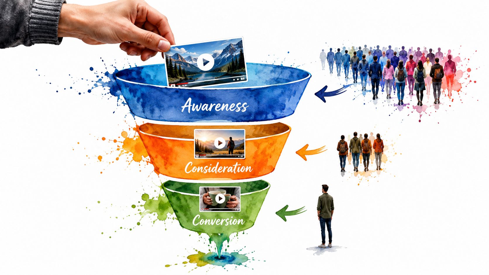 A marketing funnel illustration showing how video content leads viewers through awareness, consideration, and conversion stages.