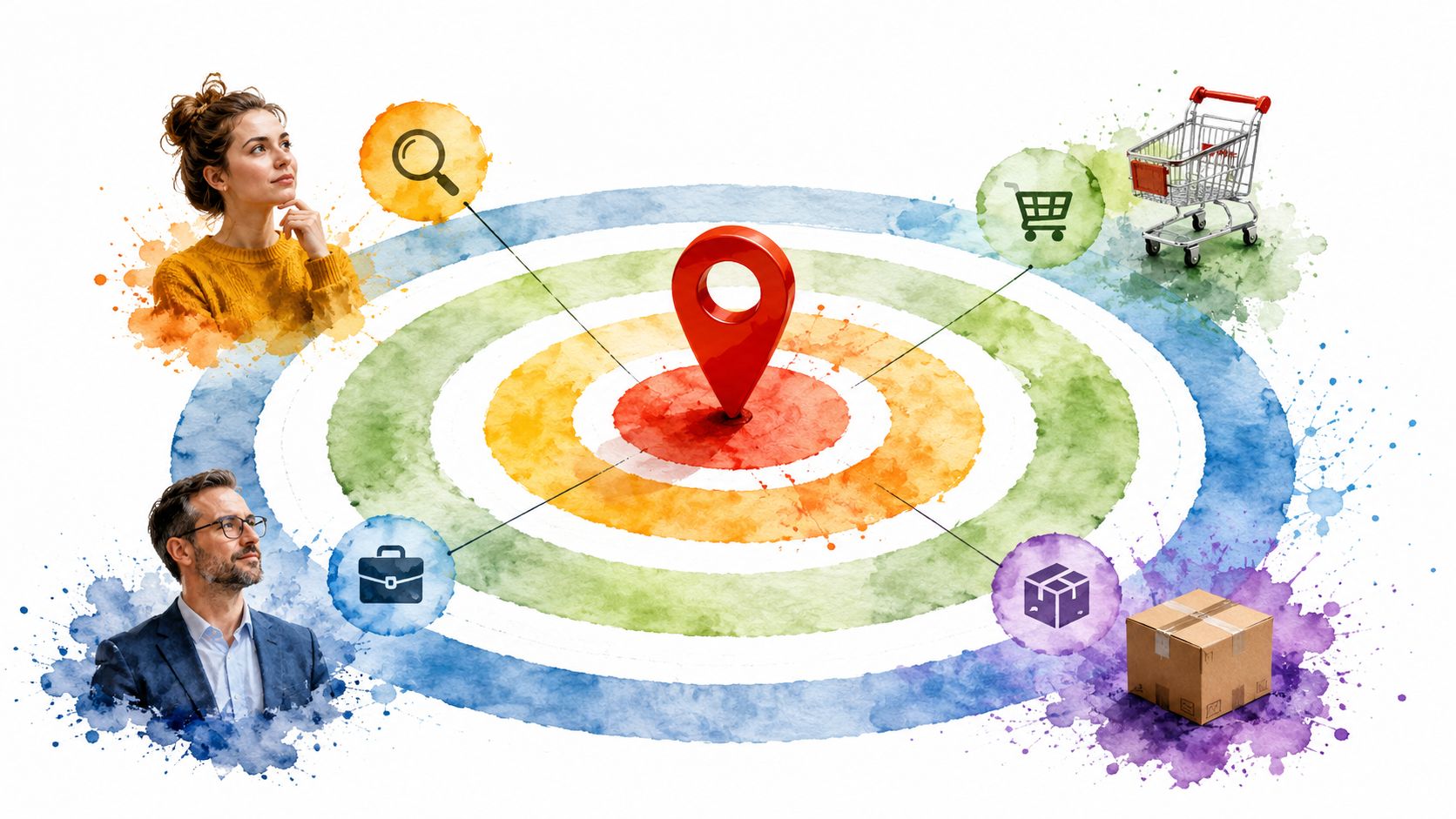 A conceptual illustration showing target audience, shopping, and business tracking for YouTube ads best practices.