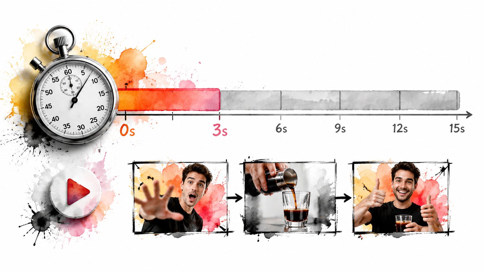 A stopwatch and timeline graphic showing three steps of a process for effective short-form video advertising.
