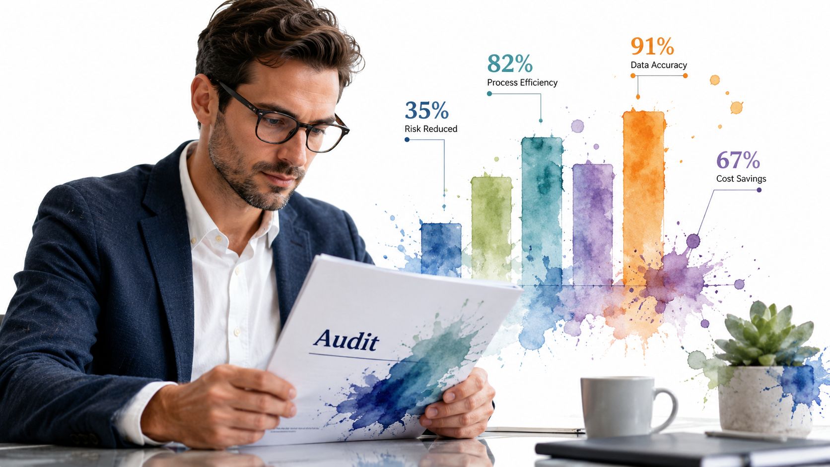 A professional man reviewing an audit document with stylized watercolor data visualization charts in the background.