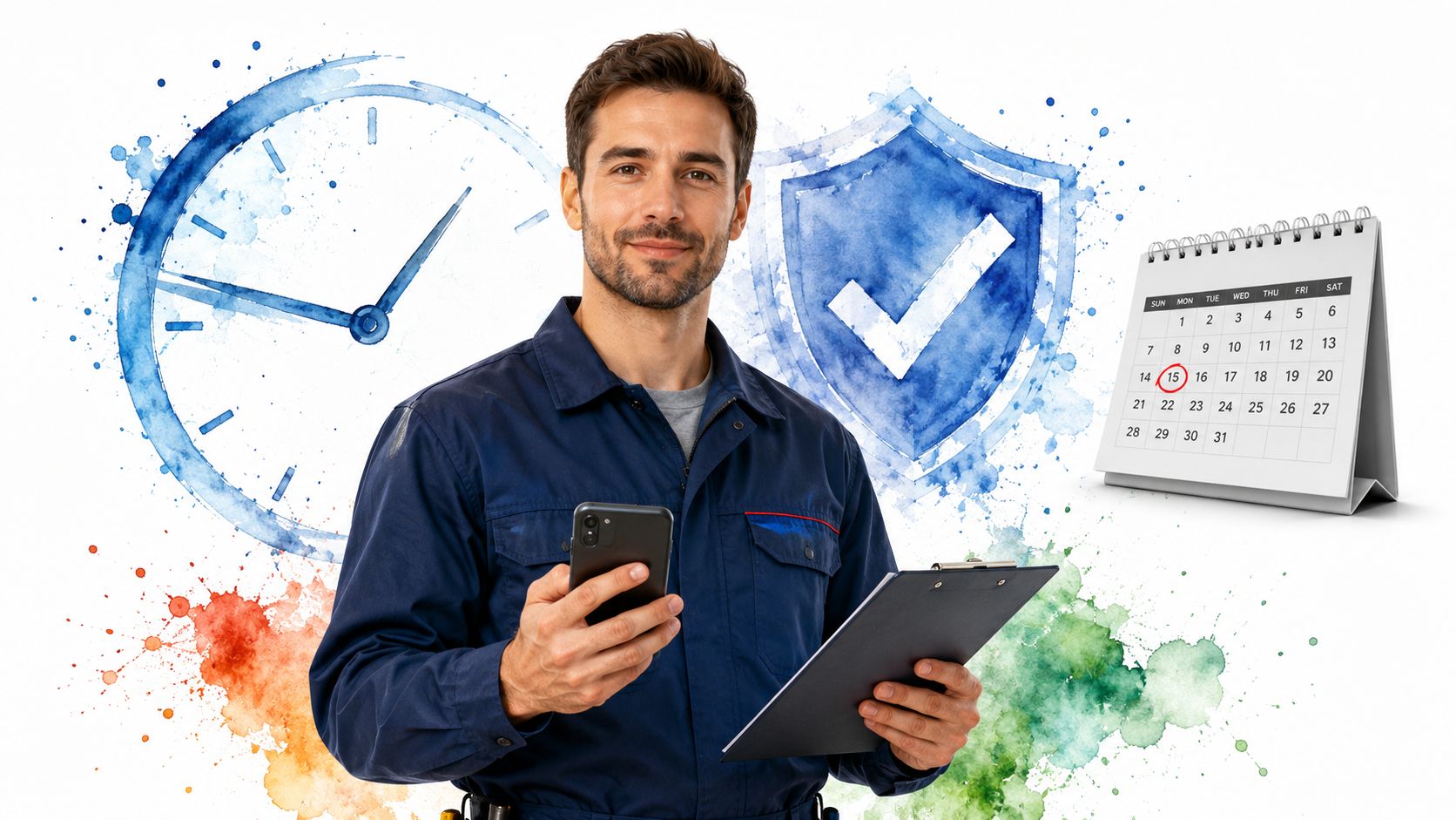 A professional technician in a blue uniform holding a phone and clipboard, with digital icons of time and security.