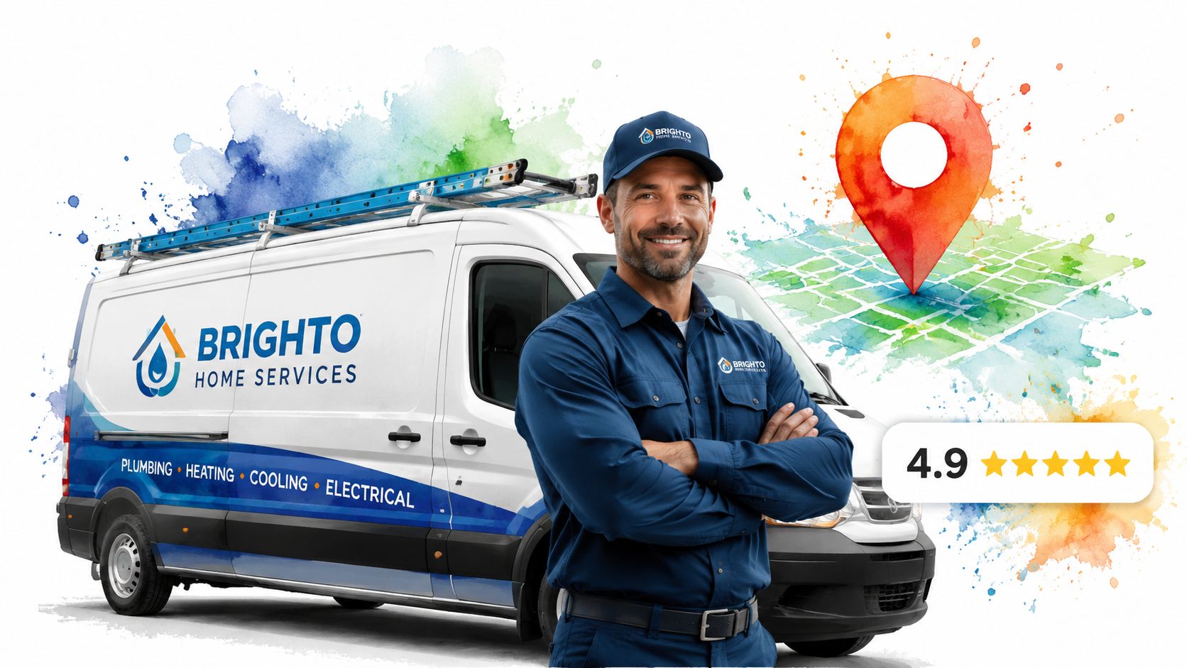 A professional technician stands in front of a Brighto Home Services van with a rating badge.